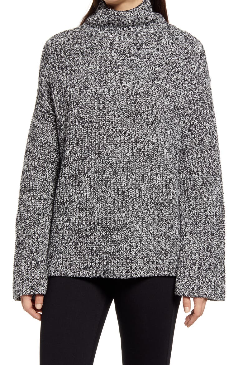 Shaker Mock Neck Sweater, Main, color, BLACK- IVORY MARL