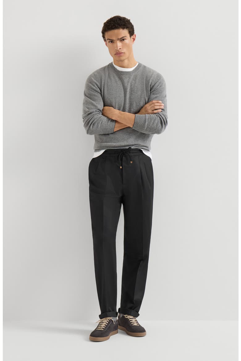 Virgin wool flannel trousers with drawstring and double pleats, Alternate, color, Black