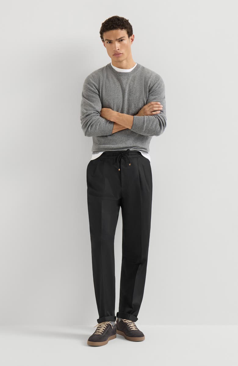 Brunello Cucinelli Virgin wool flannel trousers with drawstring and double pleats, Alternate, color, Black