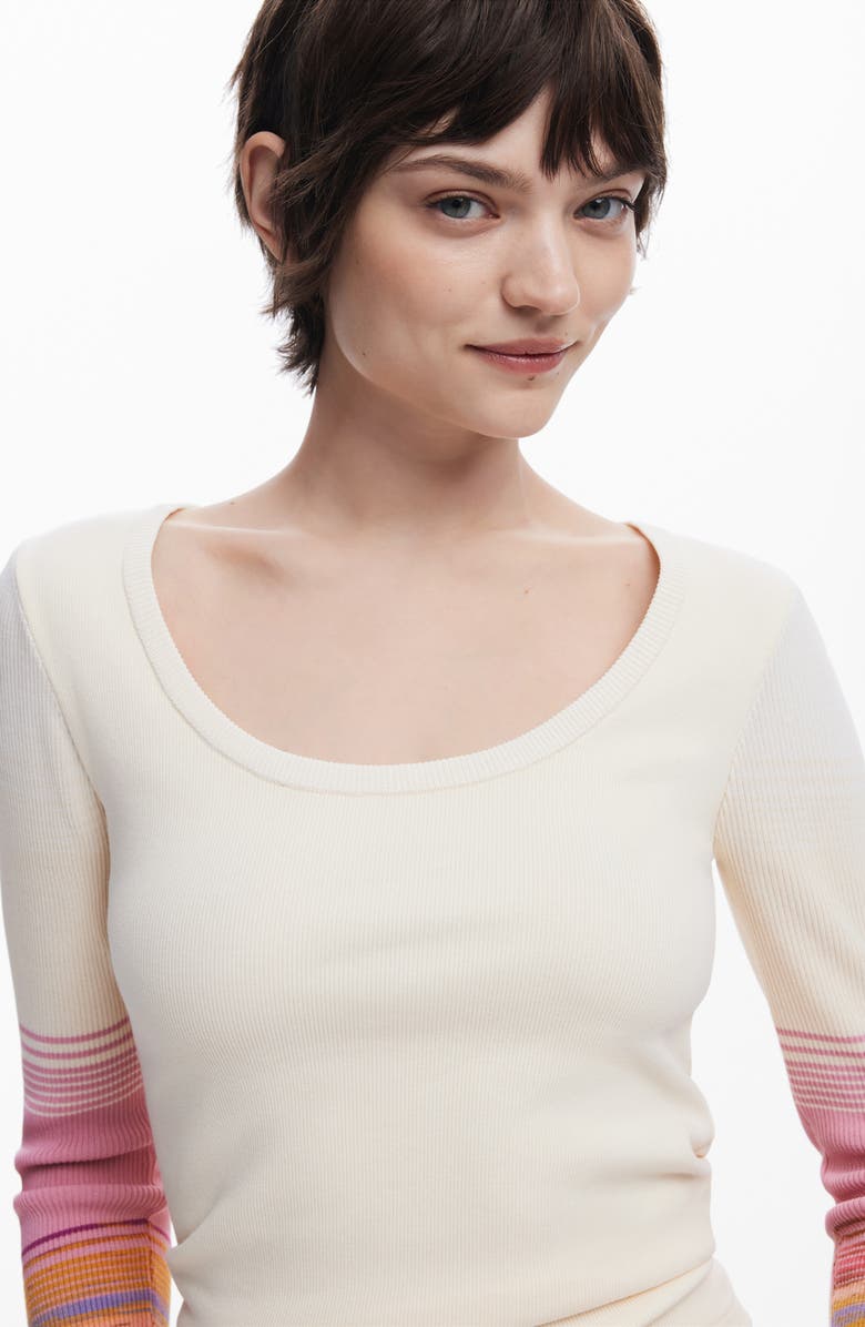 Desigual Stripe Detail Cotton Blend Rib Top, Alternate, color, White