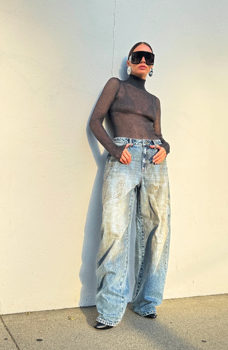 AFRM Bristol Metallic Semisheer Mock Neck Top, Alternate, color, Noir