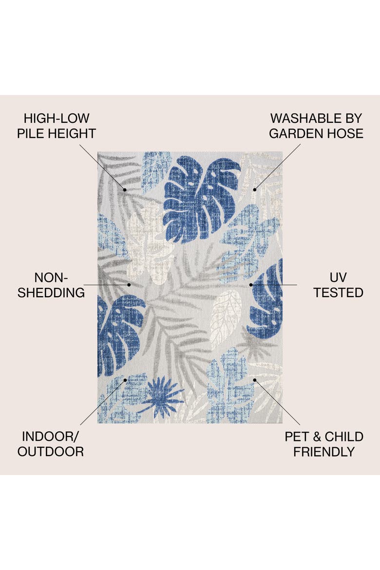 Monstera Tropical Leaf High-Low Indoor/Outdoor Area Rug, Alternate, color, Light Gray/Navy