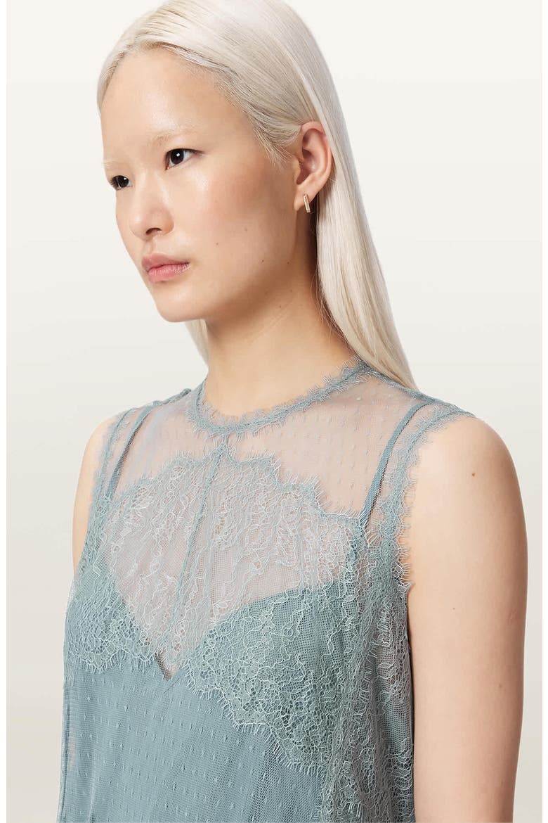Clara Sheer Lace Sleeveless Handkerchief Hem Dress, Alternate, color, DUSTY BLUE