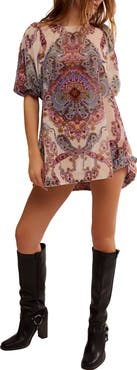 Free People Maye Print Puff Sleeve Velvet Tunic Top