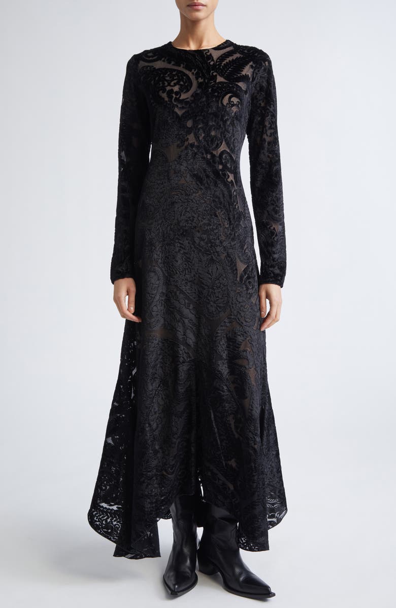 Etro Velvet Paisley Long Sleeve Mesh Midi Dress, Main, color, 