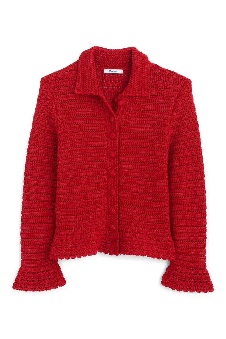 Pointelle Knit Peplum Cotton Cardigan, Alternate, color, CRIMSON