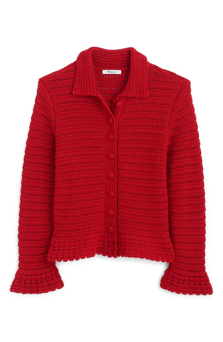 Madewell Pointelle Knit Peplum Cotton Cardigan, Alternate, color, Crimson
