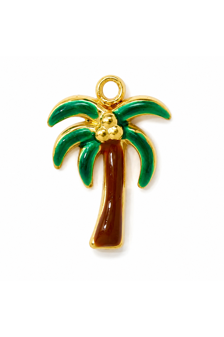 18K Yellow Gold Plated Enamel Palm Tree Charm, Main, color, Green/Brown/Gold