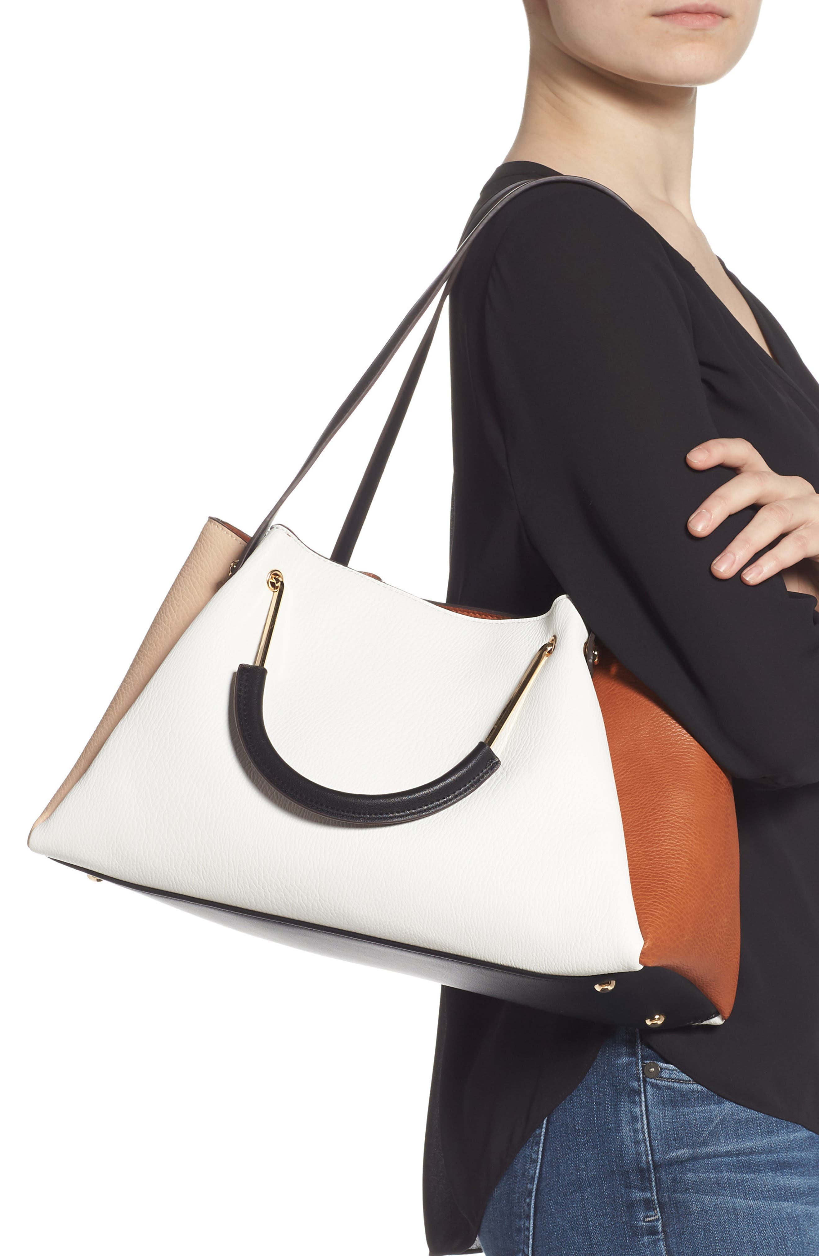 Faux Leather Satchel, Alternate, color, WHITE COMBO
