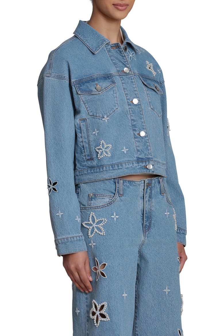 Faux Pearl Floral Denim Jacket, Alternate, color, FLEUR STAMP/ NIKKI WASH