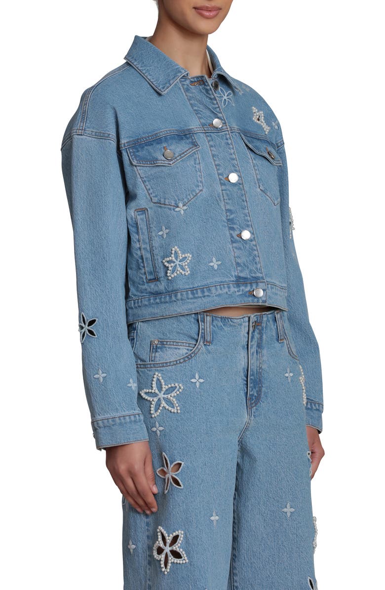Avec Les Filles Faux Pearl Floral Denim Jacket, Alternate, color, Fleur Stamp/ Nikki Wash
