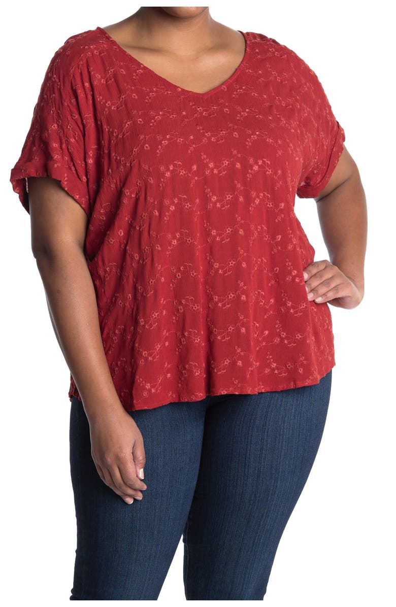 Democracy Short Rolled Sleeve V-Neck Embroidered Blouse, Main, color, 