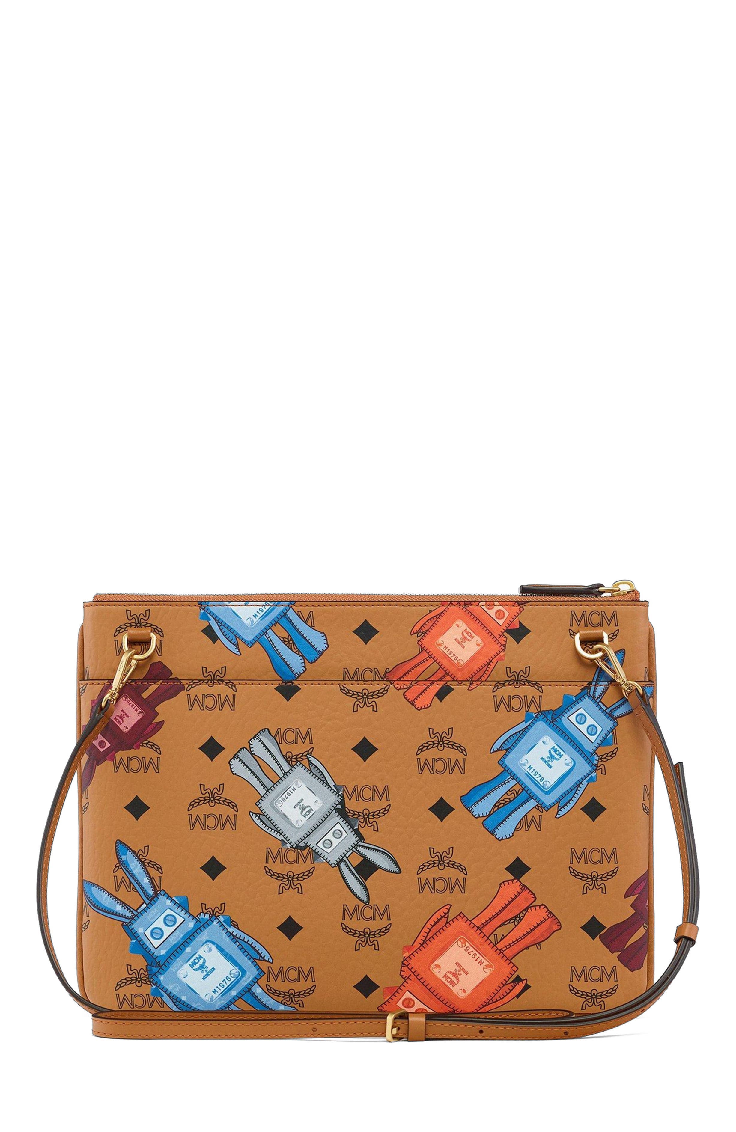 MCM Aren Crossbody Pouch in Rabot Visetos, Alternate, color, Cognac