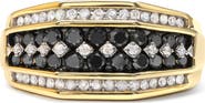 Haus of Brilliance Men's Yellow Gold Plated Silver 1 1/2 Ctw White and Black Diamond Cluster Ring