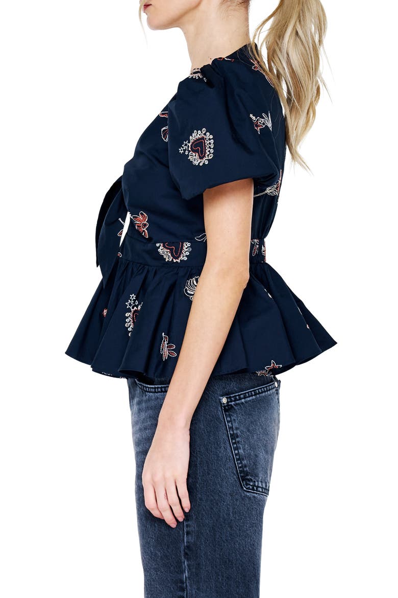 Liyana Embroidered Tie Front Peplum Top, Alternate, color, BLACK