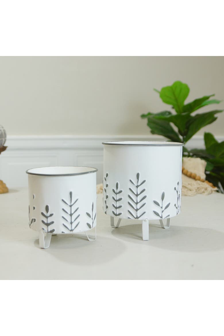 Metal White Embossed Floral Planter on Stand Set of 2, 7.5 Inch Decorative Indoor Planters, Alternate, color, White