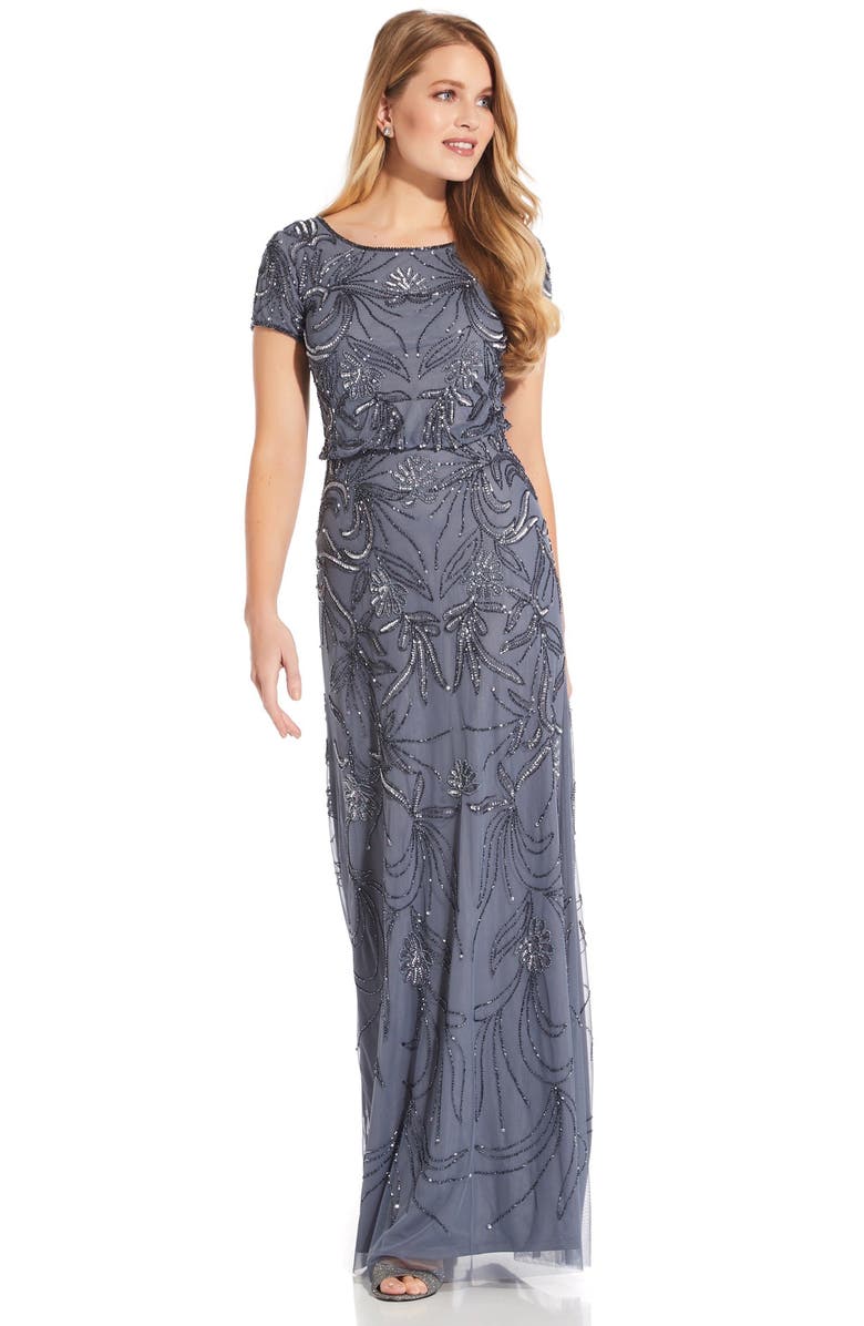 Adrianna Papell Beaded Short Sleeve Blouson Gown, Alternate, color, 