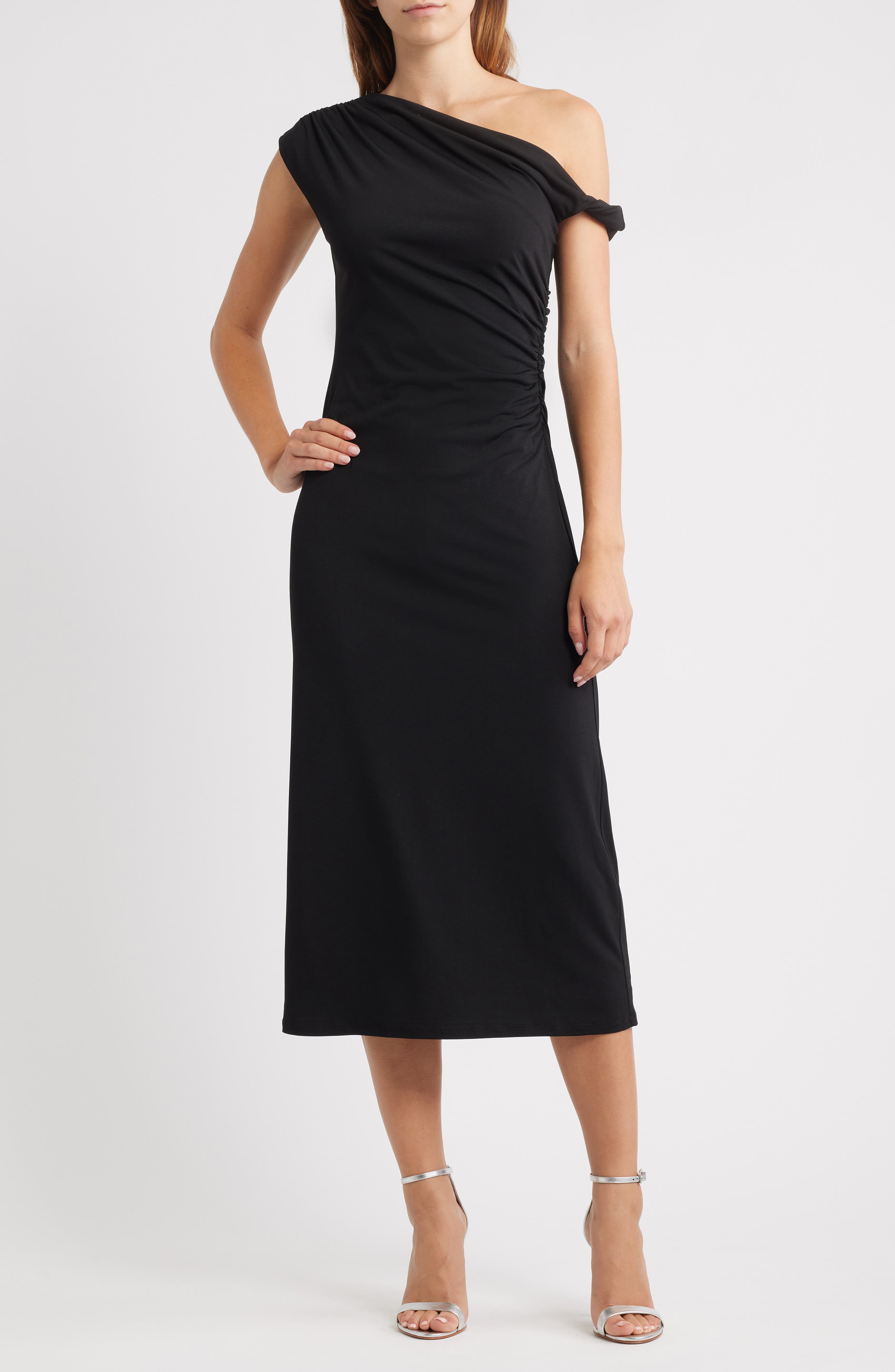 WAYF Tara One-Shoulder Cocktail Midi Dress