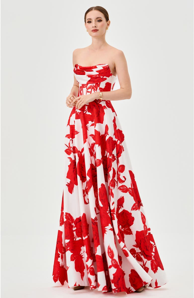 Bariano Virginia Corset Strapless Gown, Main, color, Red Print