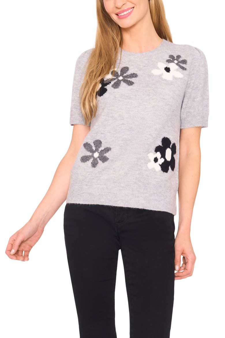 Groovy Flower Short Sleeve Sweater, Main, color, LIGHT HEATHER GREY