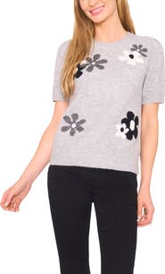 CeCe Groovy Flower Short Sleeve Sweater