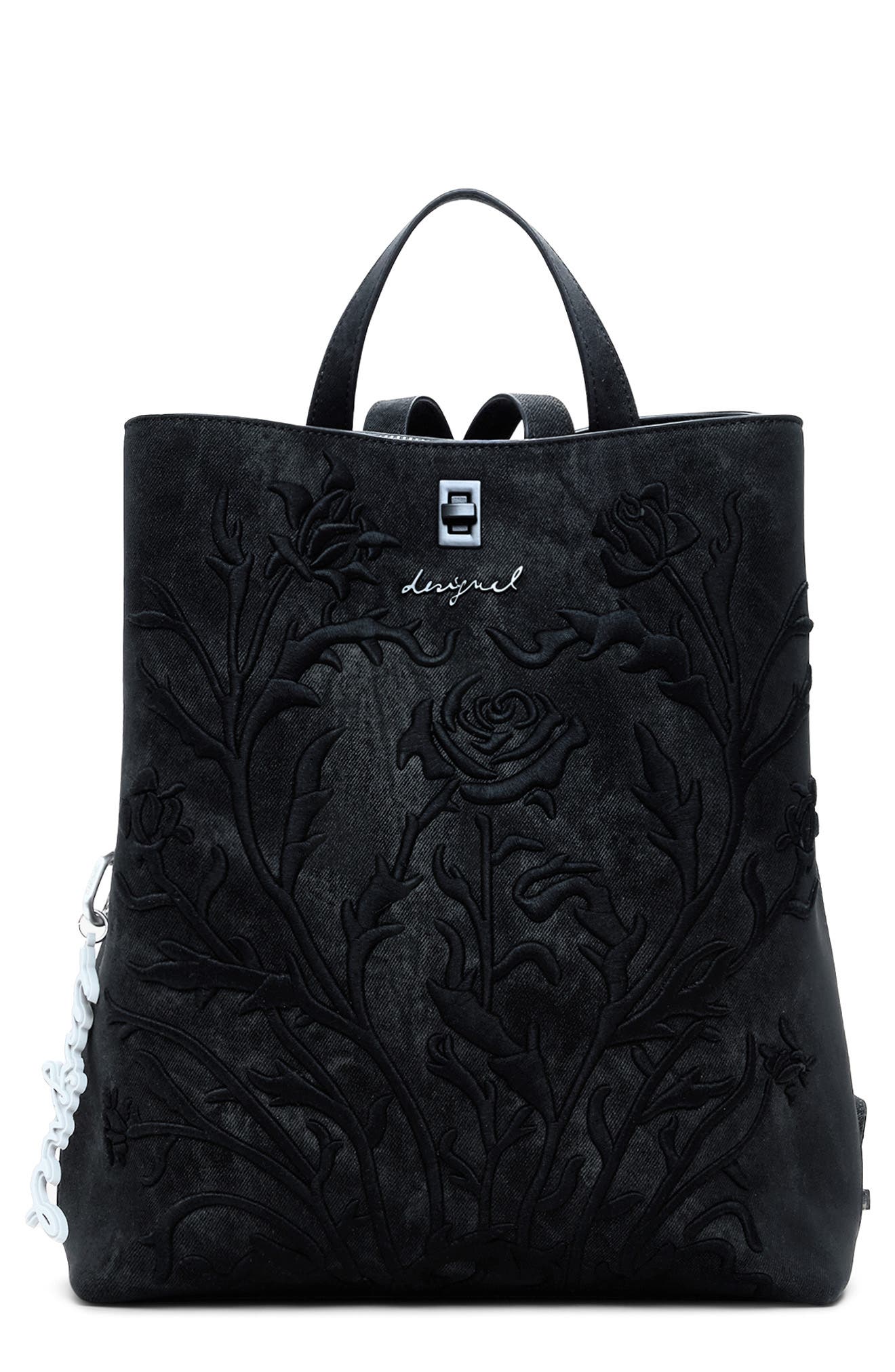 Desigual Flower Embossed Faux Leather Backpack, Main, color, Black