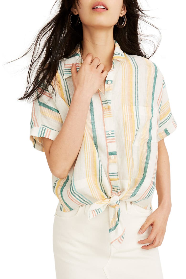 Pineapple Stripe Linen Tie Front Shirt, Main, color, PALE PARCHMENT CARNIVAL STRIPE