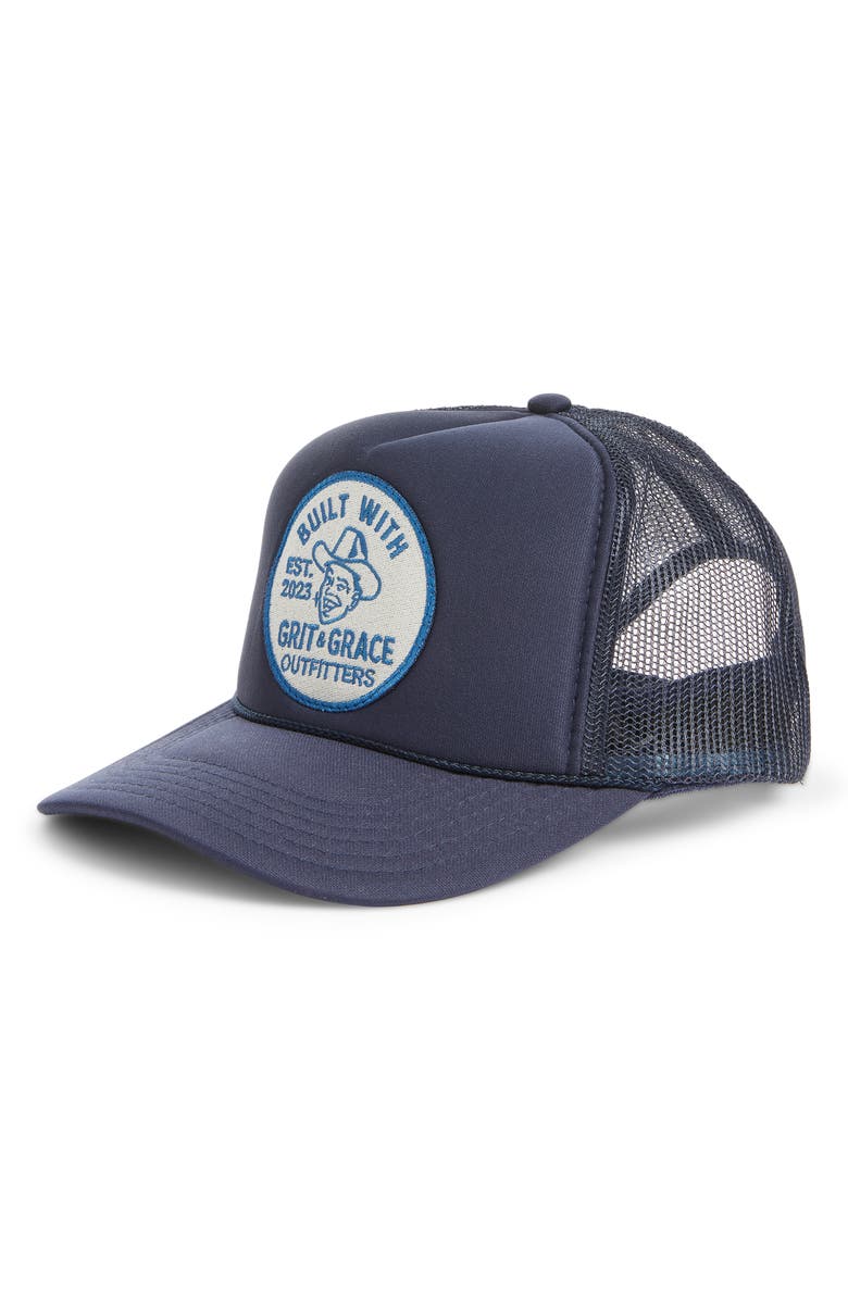 Friday Feelin’ Built with Grace Trucker Hat, Main, color, Navy