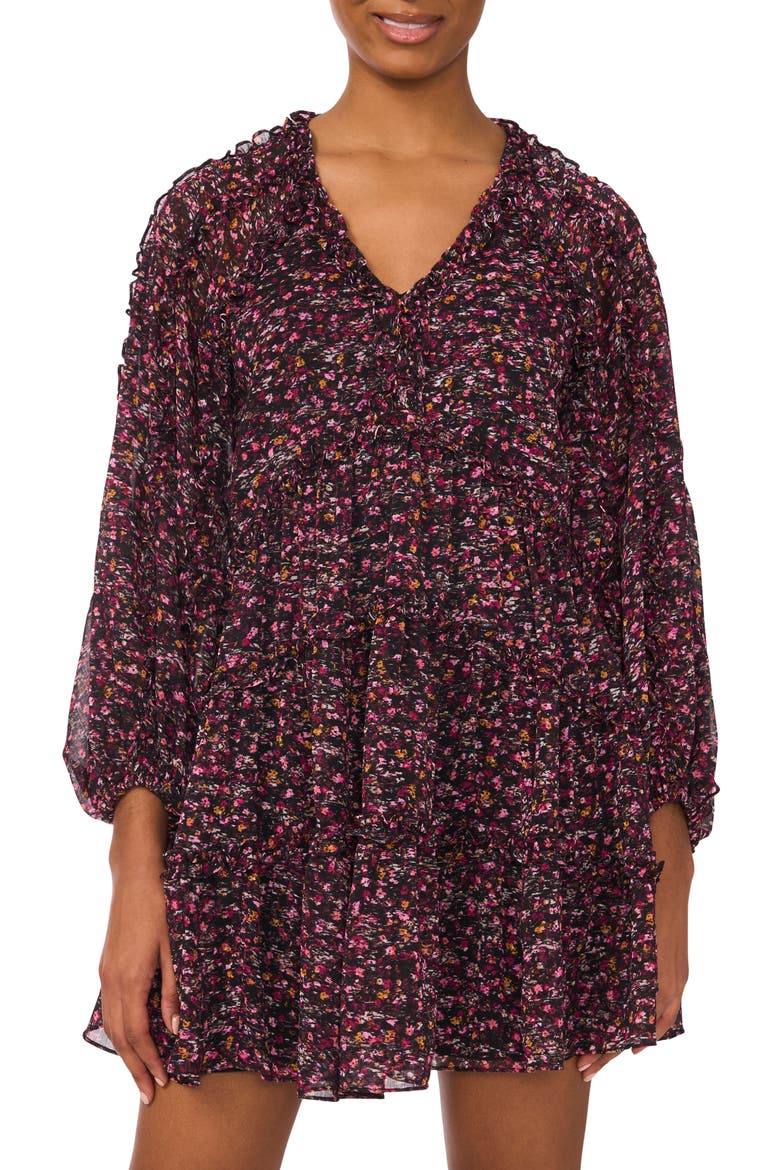 Floral Long Sleeve Tiered Dress, Alternate, color, RICH BLACK