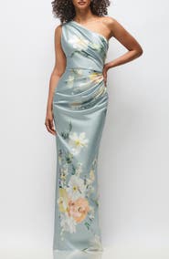 After Six Malin Floral One-Shoulder Satin Charmeuse Gown