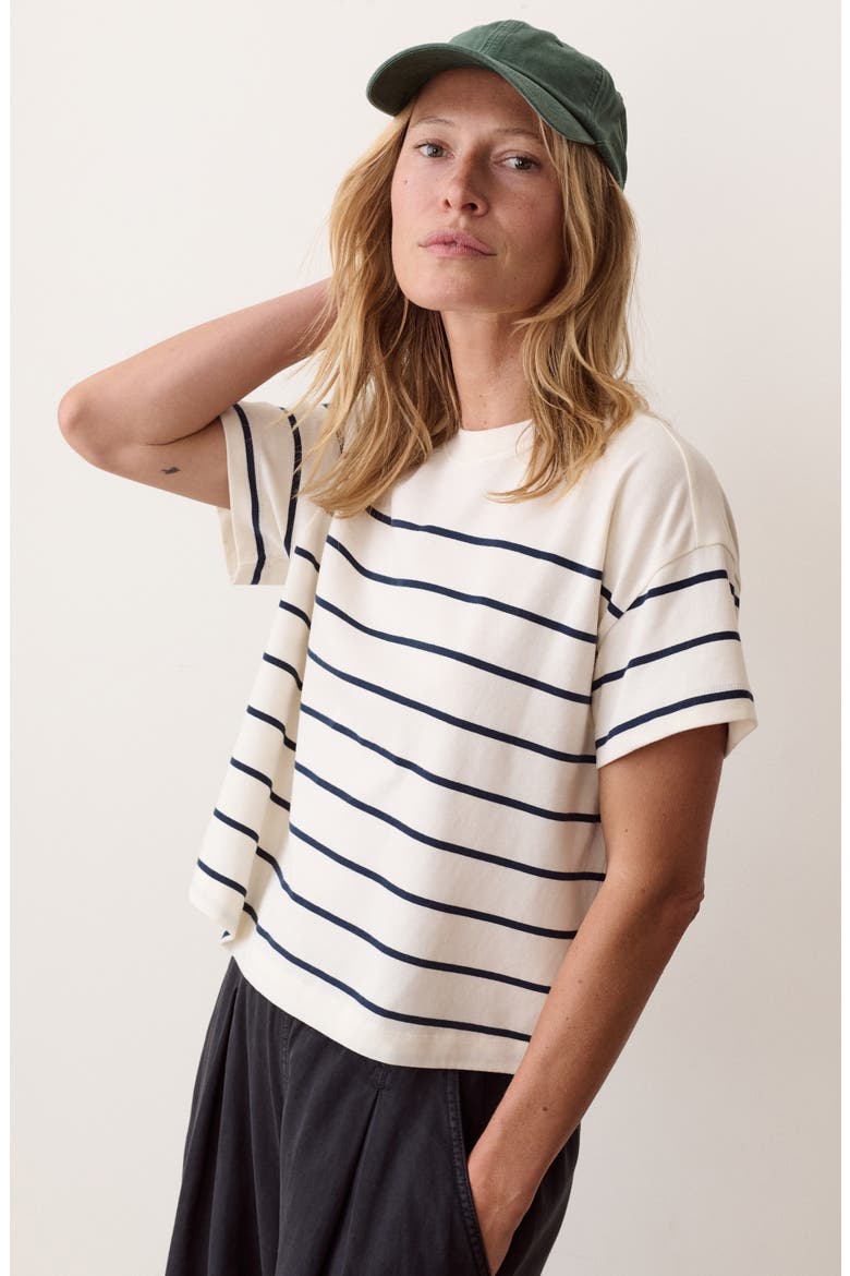 Miracle Jersey Striped Crewneck T-Shirt, Alternate, color, ANTIQUE WHITE AND NAVY STRIPE