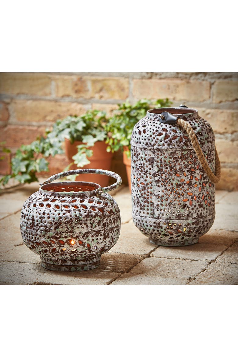 Sula Hand Pierced Round Lantern Candle Holder Patina Iron, Alternate, color, Brown