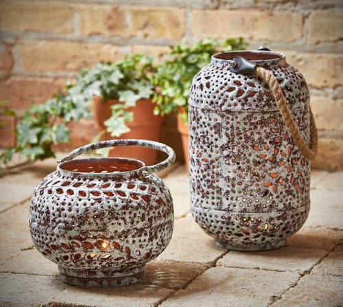 Tag Sula Hand Pierced Round Lantern Candle Holder Patina Iron In Brown