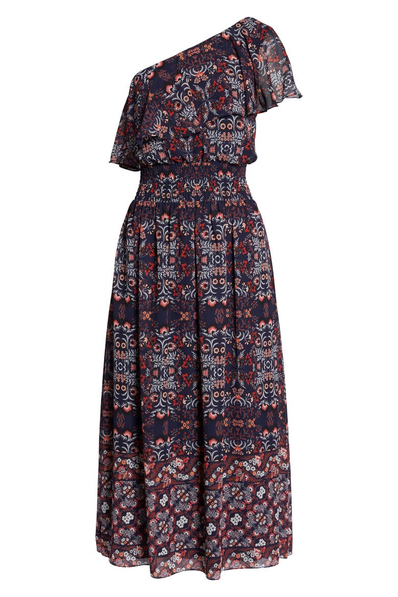 One-Shoulder Midi Dress, Alternate, color, NAVY MULTI