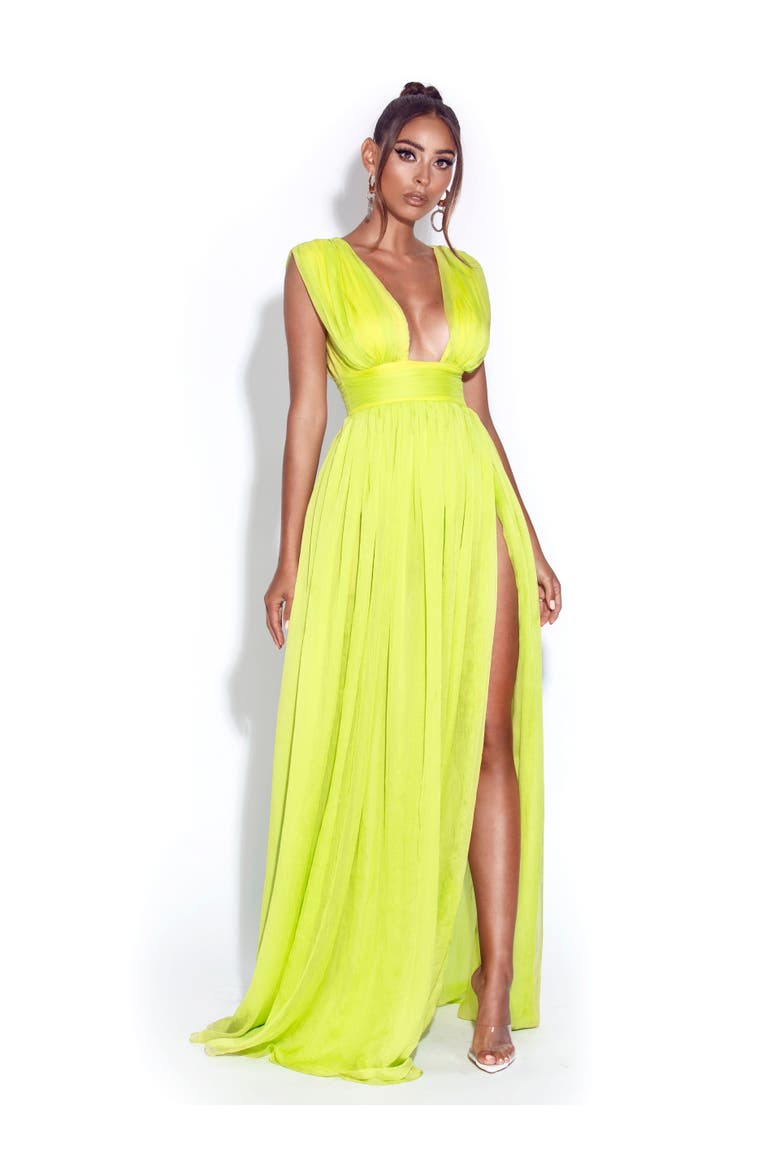 Valley Of Angels Chiffon Pleated High Slit Maxi Dress, Alternate, color, Lime