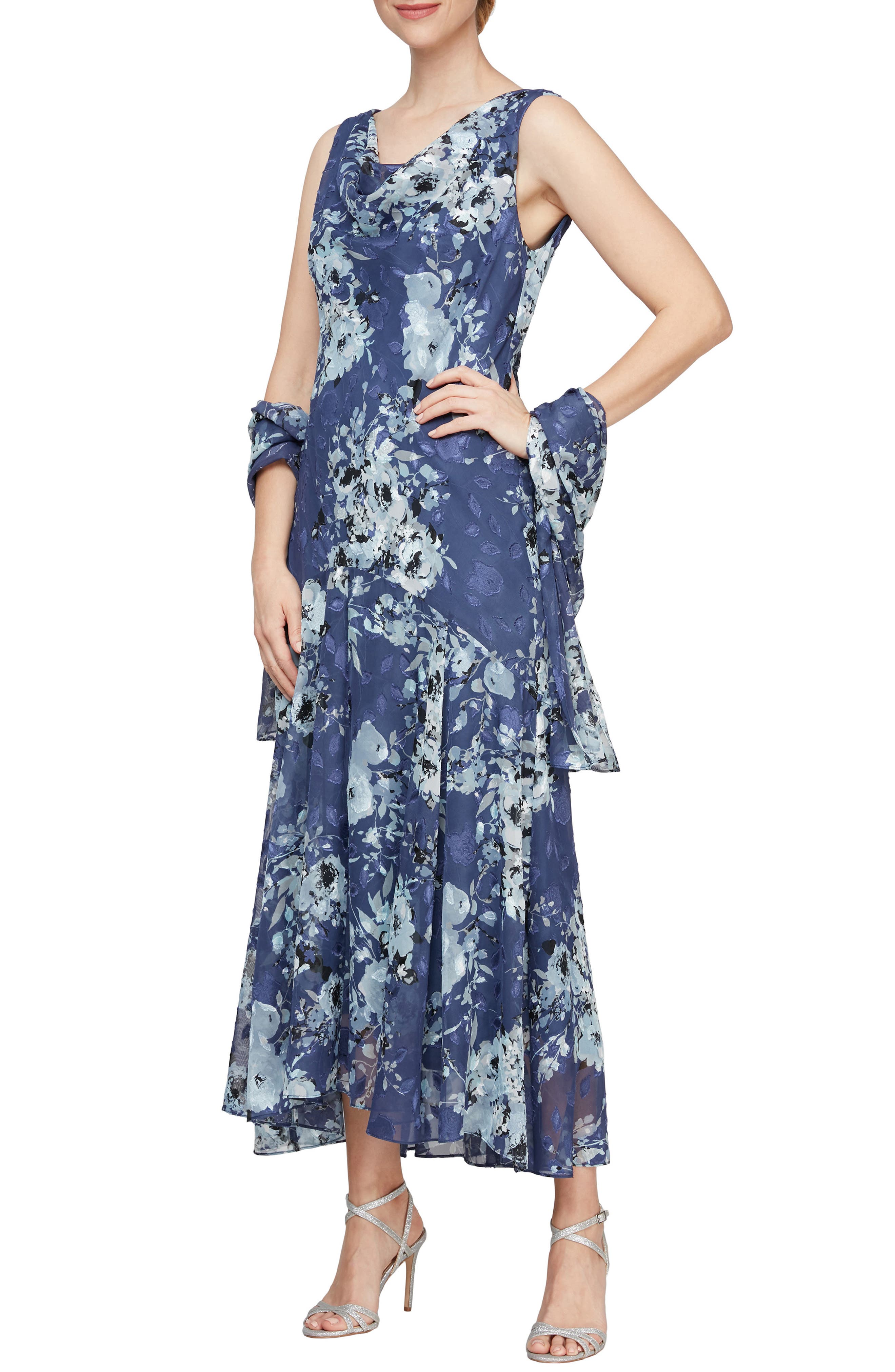 Alex Evenings Print Cowl Neck Maxi Dress with Shawl in Wedgewood 