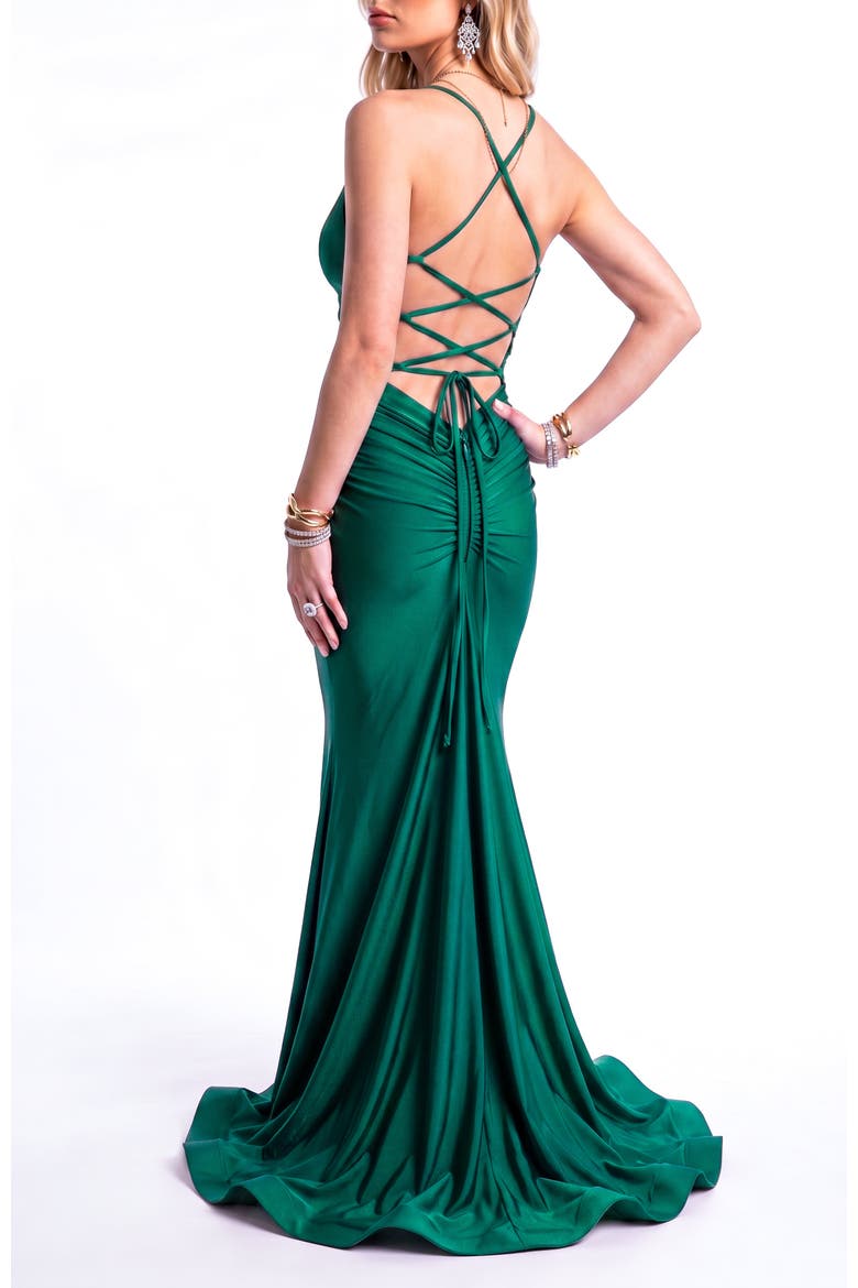 Ruched Lace-Up Open Back Mermaid Gown, Alternate, color, Forest Green
