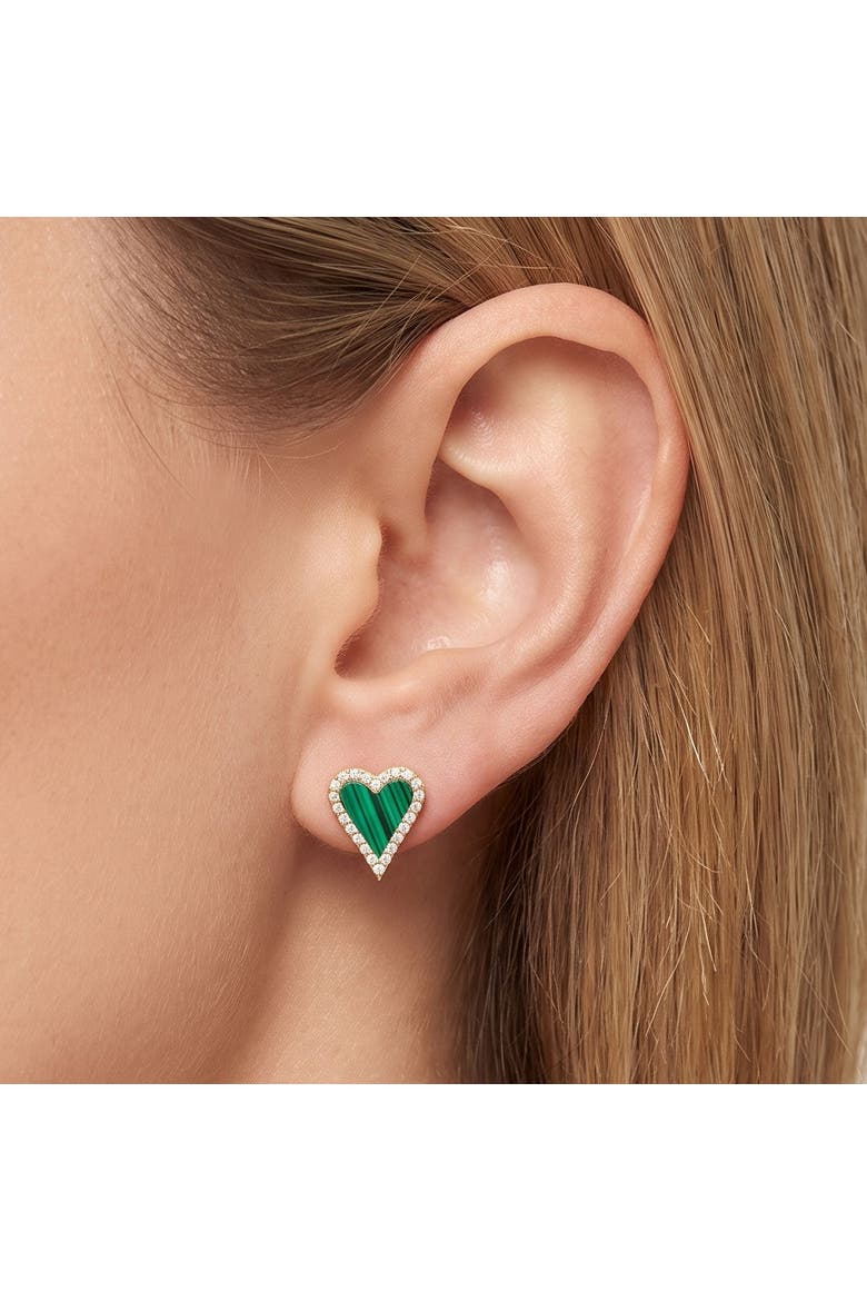 Mini Malachite CZ Halo Heart Stud Earrings, Alternate, color, Malachite