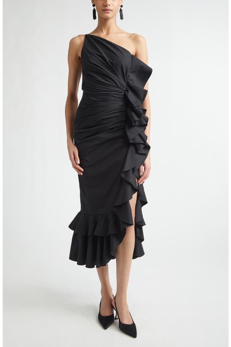 Ruffled Asymmetric Ruched One-Shoulder Midi Dress, Main, color, BLACK