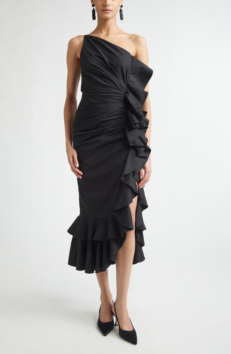Carolina Herrera Ruffled Asymmetric Ruched One-Shoulder Midi Dress, Main, color, Black