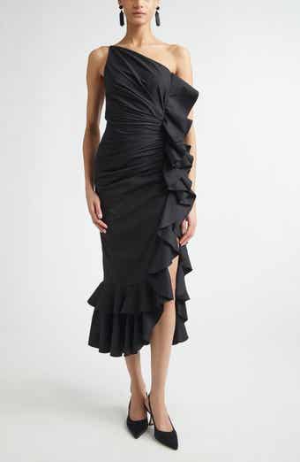 Ruffled Asymmetric Ruched One-Shoulder Midi Dress