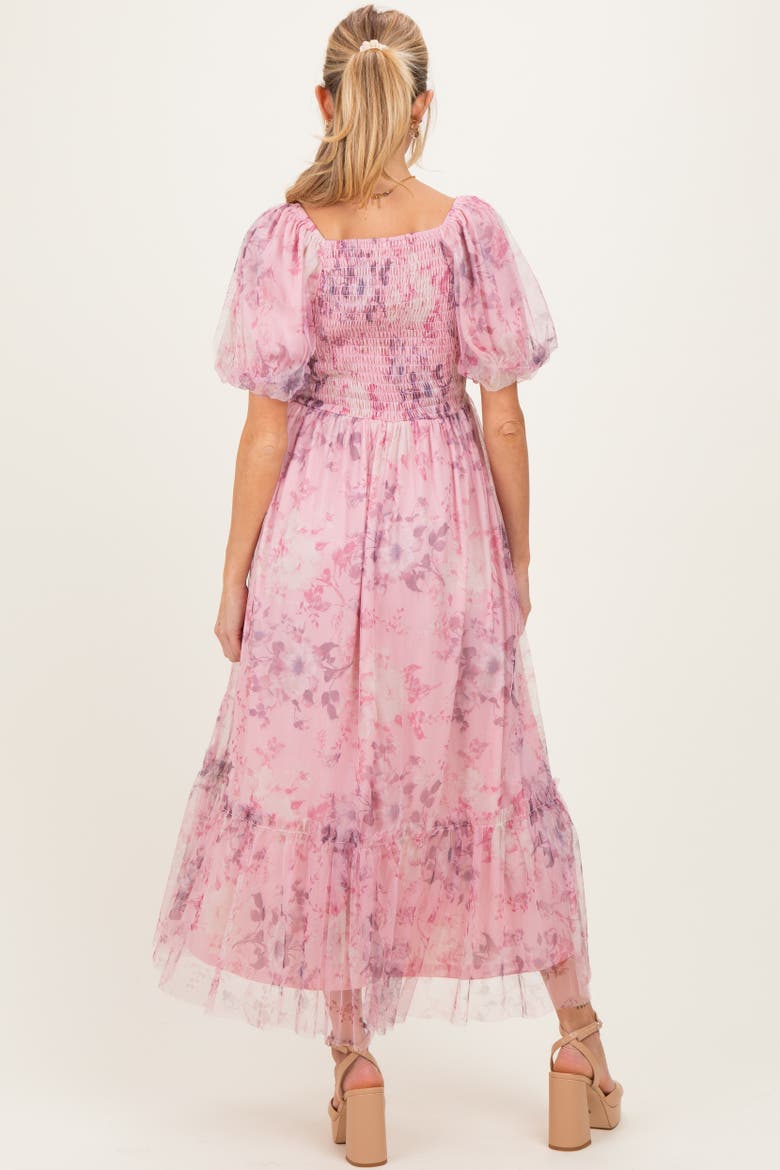 Floral Printed Tulle Puff Sleeve Midi Dress, Alternate, color, Pink
