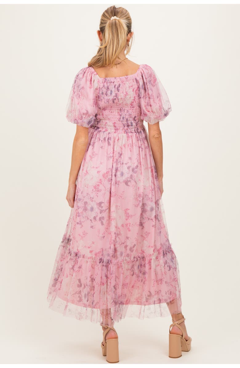 PinkBlush Floral Printed Tulle Puff Sleeve Midi Dress, Alternate, color, Pink