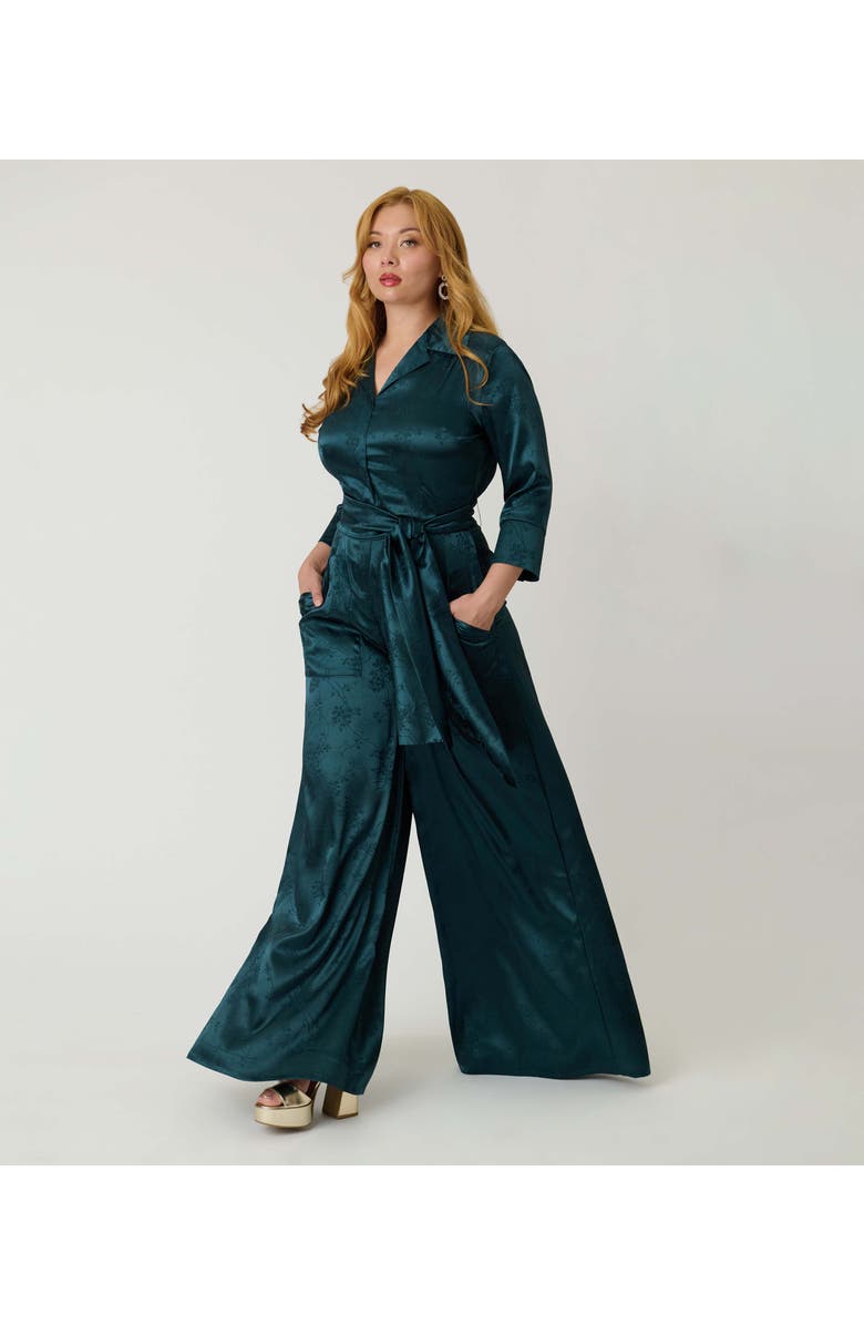 Unique Vintage 1970s Satin Flare Jumpsuit, Alternate, color, Teal Jacquard