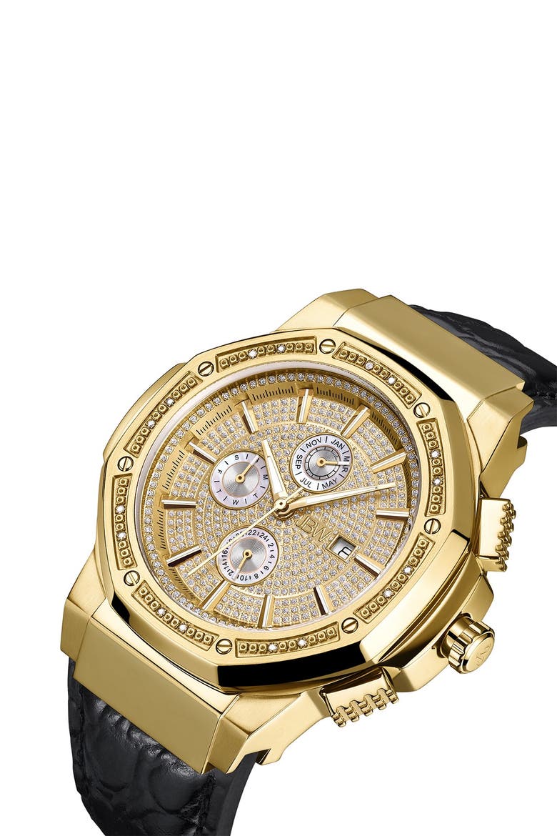 Men's Saxon Diamond Croc Embossed Leather Strap Watch, 48mm - 0.16 ctw, Alternate, color, GOLD