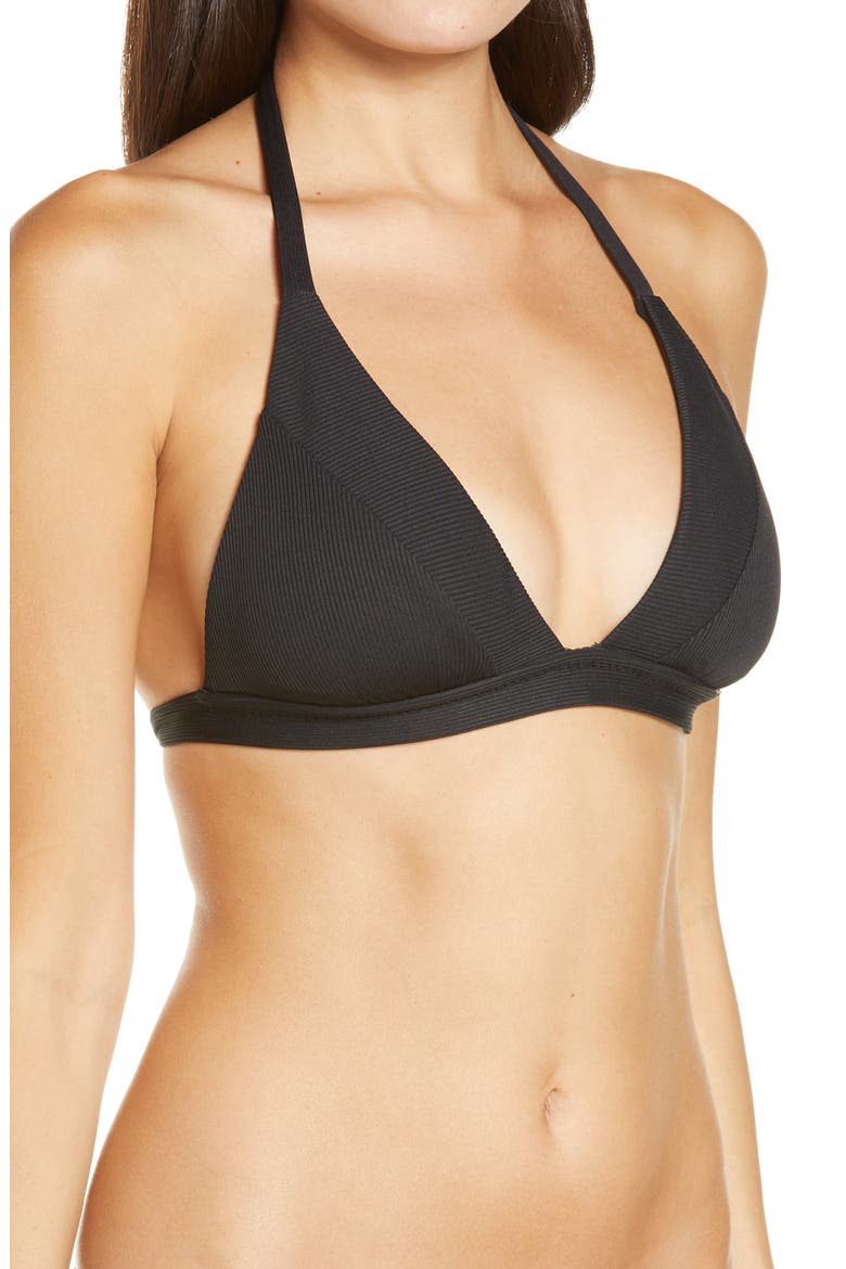 Fine Line Halter Bikini Top, Alternate, color, BLACK