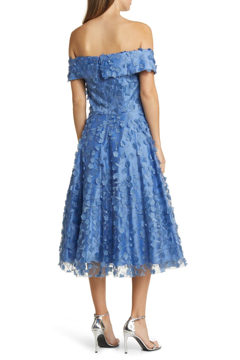 Floral Appliqué Off the Shoulder Midi Cocktail Dress, Alternate, color, SLATE