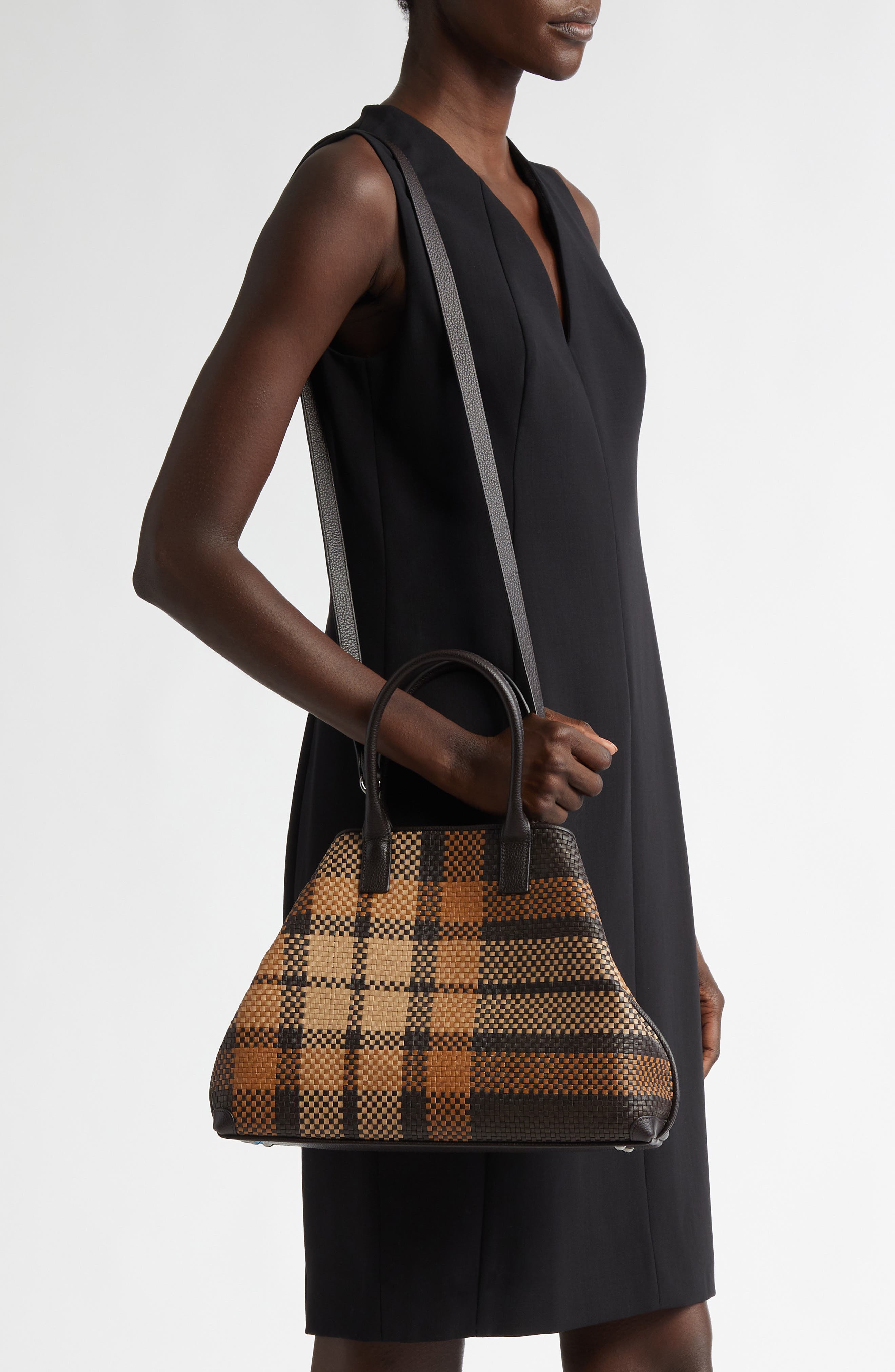 Akris Ai Small Plaid Braided Leather Top Handle Tote, Alternate, color, 