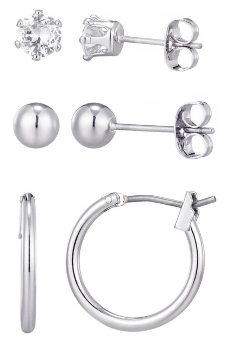 Set of 3 Assorted Studs and Hoop Earrings, Main, color, SILVER
