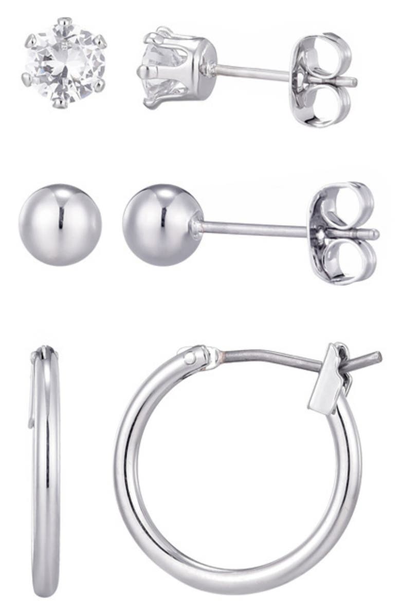 Adornia Set of 3 Assorted Studs and Hoop Earrings, Main, color, Silver